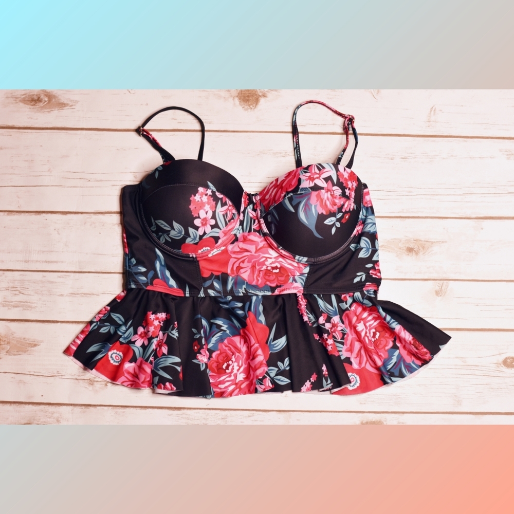 Floral Peplum Swim Top Size L With Built In Wired Bra Cups